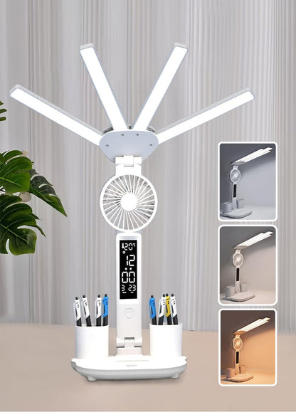 6-in-1 Led Desk Lamp Adjustable Foldable Table Lamp with Fan, Clock, Dates, Temperature, Pen Holder, 3 Color & Stepless Dimming, Reading Lamp for Study Table Work Office