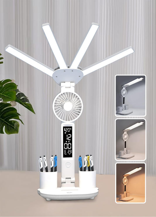 6-in-1 Led Desk Lamp Adjustable Foldable Table Lamp with Fan, Clock, Dates, Temperature, Pen Holder, 3 Color & Stepless Dimming, Reading Lamp for Study Table Work Office