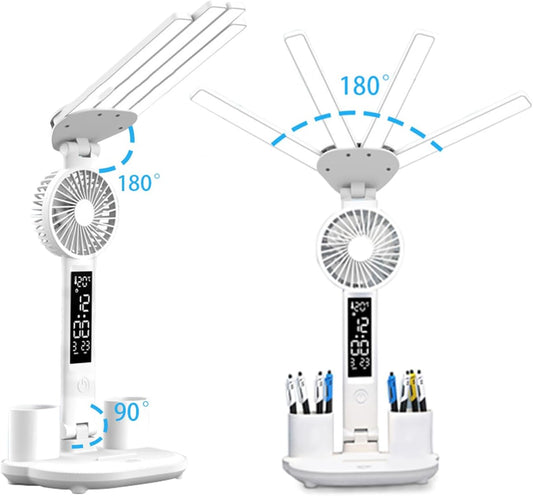 6-in-1 Led Desk Lamp Adjustable Foldable Table Lamp with Fan, Clock, Dates, Temperature, Pen Holder, 3 Color & Stepless Dimming, Reading Lamp for Study Table Work Office