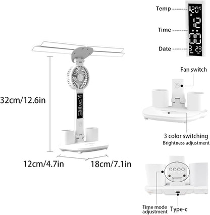 6-in-1 Led Desk Lamp Adjustable Foldable Table Lamp with Fan, Clock, Dates, Temperature, Pen Holder, 3 Color & Stepless Dimming, Reading Lamp for Study Table Work Office