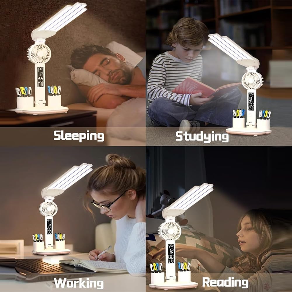 6-in-1 Led Desk Lamp Adjustable Foldable Table Lamp with Fan, Clock, Dates, Temperature, Pen Holder, 3 Color & Stepless Dimming, Reading Lamp for Study Table Work Office