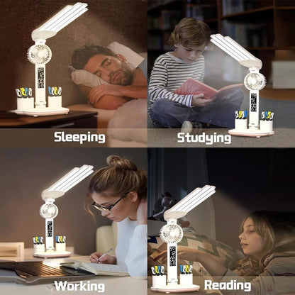 6-in-1 Led Desk Lamp Adjustable Foldable Table Lamp with Fan, Clock, Dates, Temperature, Pen Holder, 3 Color & Stepless Dimming, Reading Lamp for Study Table Work Office
