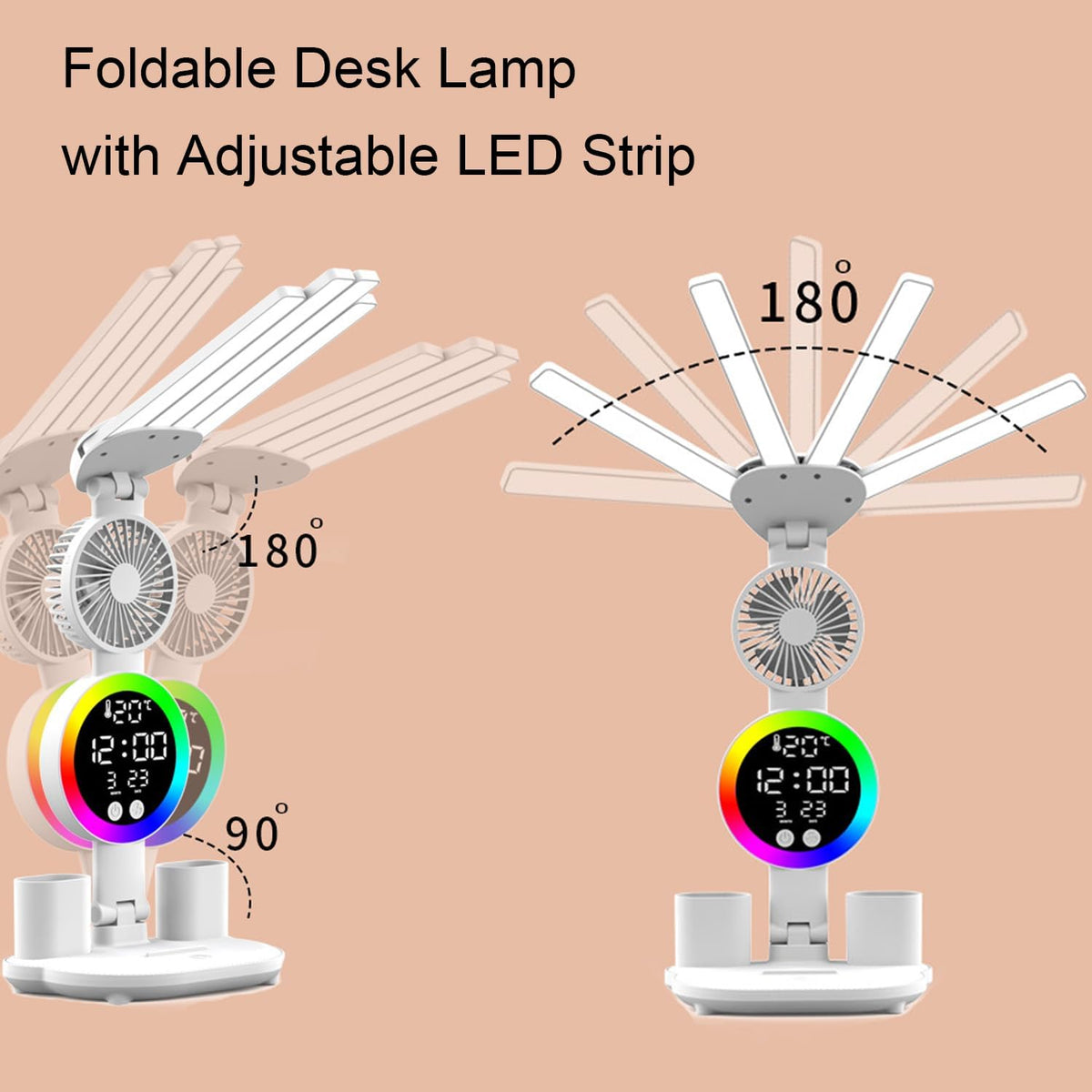 6-in-1 Led Desk Lamp Adjustable Foldable Table Lamp with Fan, Clock, Dates, Temperature, Pen Holder, 3 Color & Stepless Dimming, Reading Lamp for Study Table Work Office
