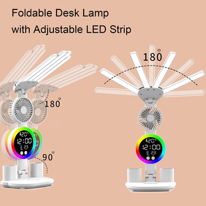 6-in-1 Led Desk Lamp Adjustable Foldable Table Lamp with Fan, Clock, Dates, Temperature, Pen Holder, 3 Color & Stepless Dimming, Reading Lamp for Study Table Work Office