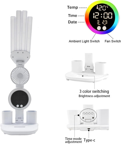6-in-1 Led Desk Lamp Adjustable Foldable Table Lamp with Fan, Clock, Dates, Temperature, Pen Holder, 3 Color & Stepless Dimming, Reading Lamp for Study Table Work Office