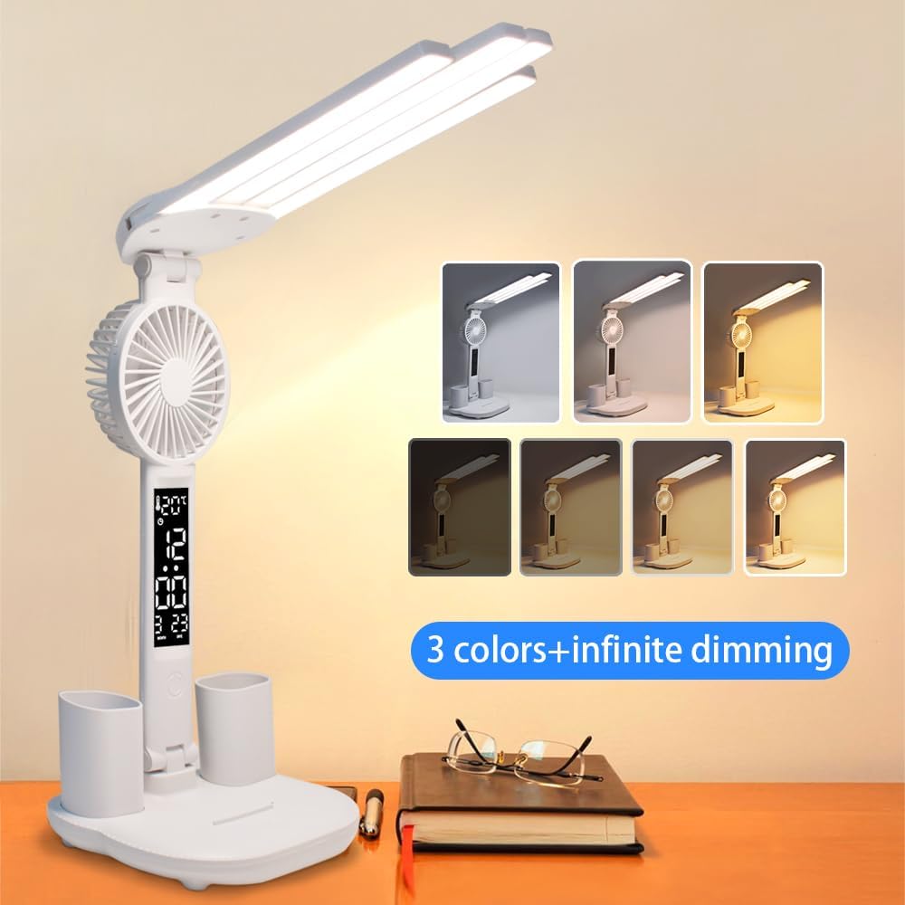 6-in-1 Led Desk Lamp Adjustable Foldable Table Lamp with Fan, Clock, Dates, Temperature, Pen Holder, 3 Color & Stepless Dimming, Reading Lamp for Study Table Work Office