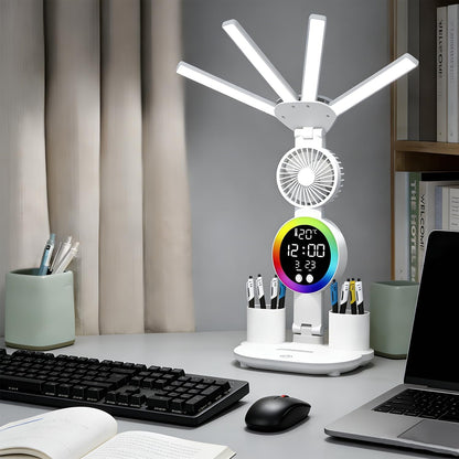 6-in-1 Led Desk Lamp Adjustable Foldable Table Lamp with Fan, Clock, Dates, Temperature, Pen Holder, 3 Color & Stepless Dimming, Reading Lamp for Study Table Work Office