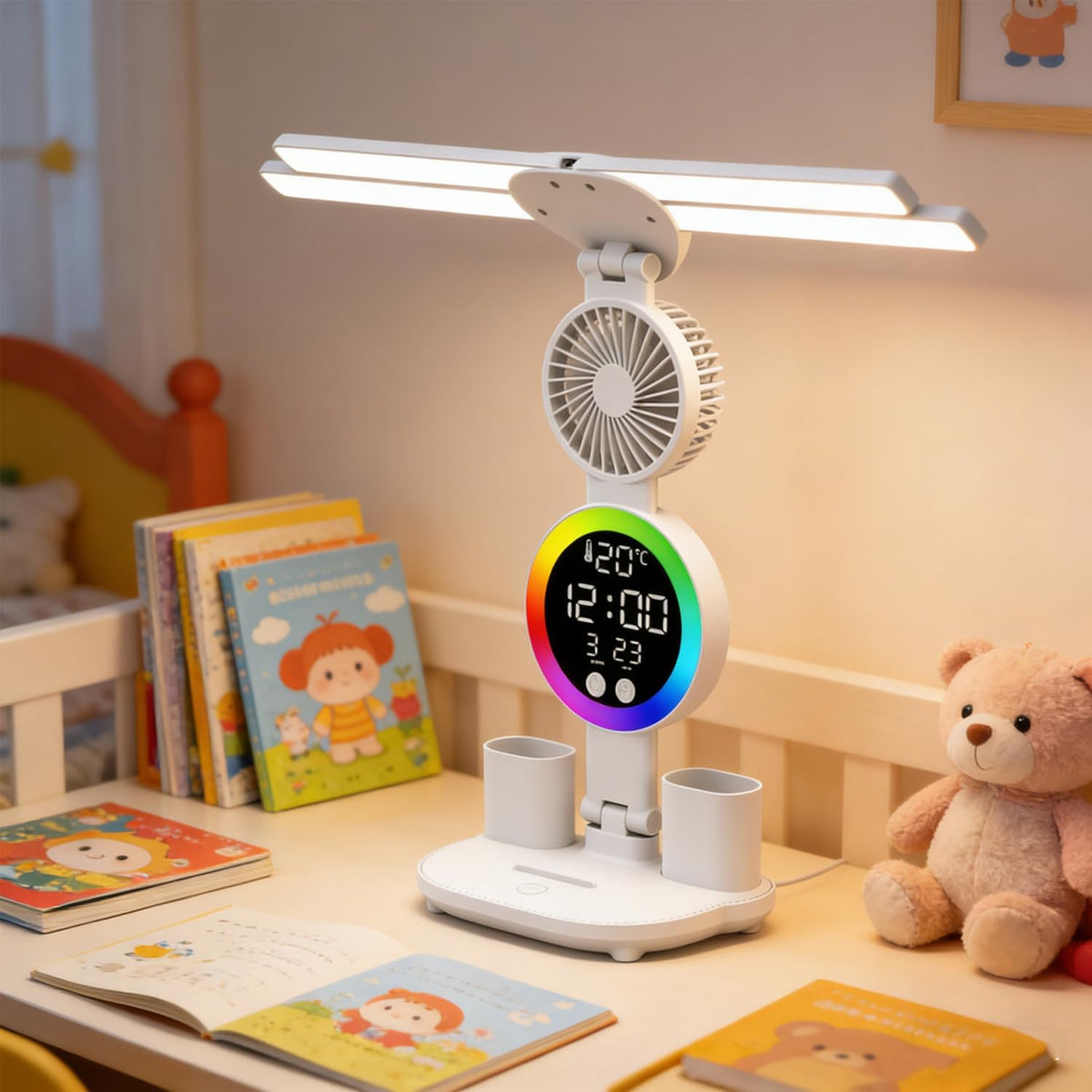 6-in-1 Led Desk Lamp Adjustable Foldable Table Lamp with Fan, Clock, Dates, Temperature, Pen Holder, 3 Color & Stepless Dimming, Reading Lamp for Study Table Work Office