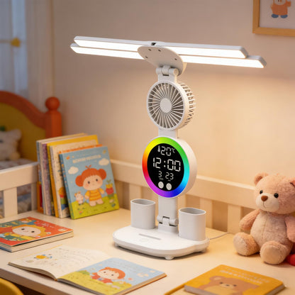 6-in-1 Led Desk Lamp Adjustable Foldable Table Lamp with Fan, Clock, Dates, Temperature, Pen Holder, 3 Color & Stepless Dimming, Reading Lamp for Study Table Work Office