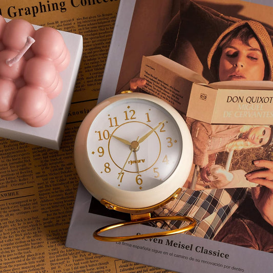 Metal Desk Clock, Retro Bedroom Table Vintage Analog Alarm Clock, Silent Non-Ticking Gold Clock, Bedside Décor(Milk White)