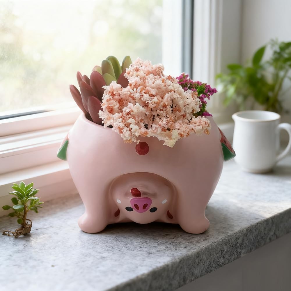 Adorable Succulent Planter Pig Flower Pot with Drainage Hole - Pencil Brush Holder - Cute Resin Decorative Garden Planter for Indoor Plants, Home Decor Gift