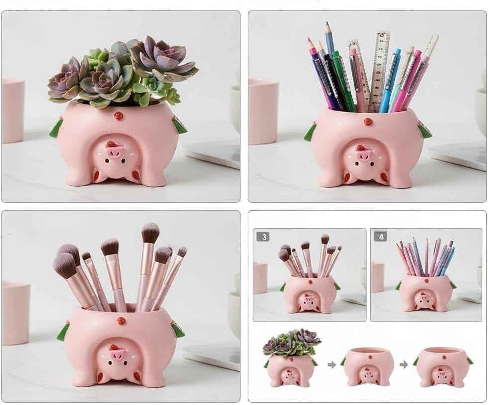 Adorable Succulent Planter Pig Flower Pot with Drainage Hole - Pencil Brush Holder - Cute Resin Decorative Garden Planter for Indoor Plants, Home Decor Gift