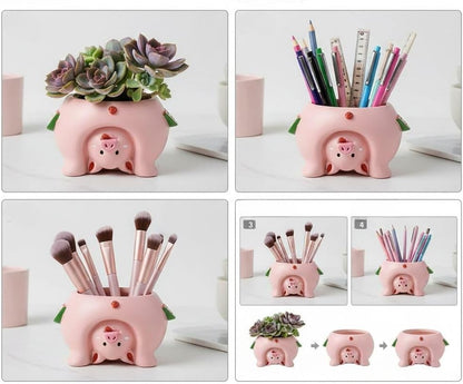 Adorable Succulent Planter Pig Flower Pot with Drainage Hole - Pencil Brush Holder - Cute Resin Decorative Garden Planter for Indoor Plants, Home Decor Gift