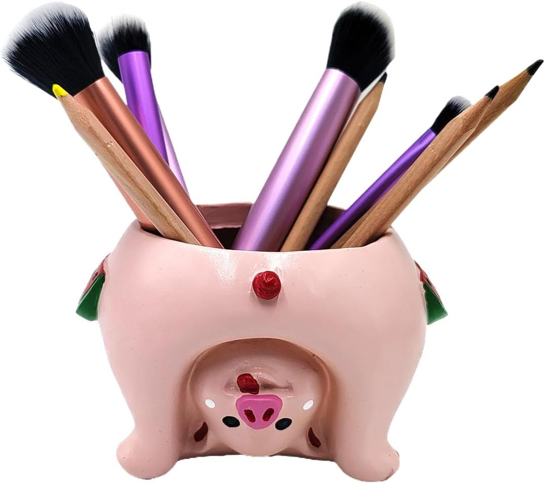Adorable Succulent Planter Pig Flower Pot with Drainage Hole - Pencil Brush Holder - Cute Resin Decorative Garden Planter for Indoor Plants, Home Decor Gift