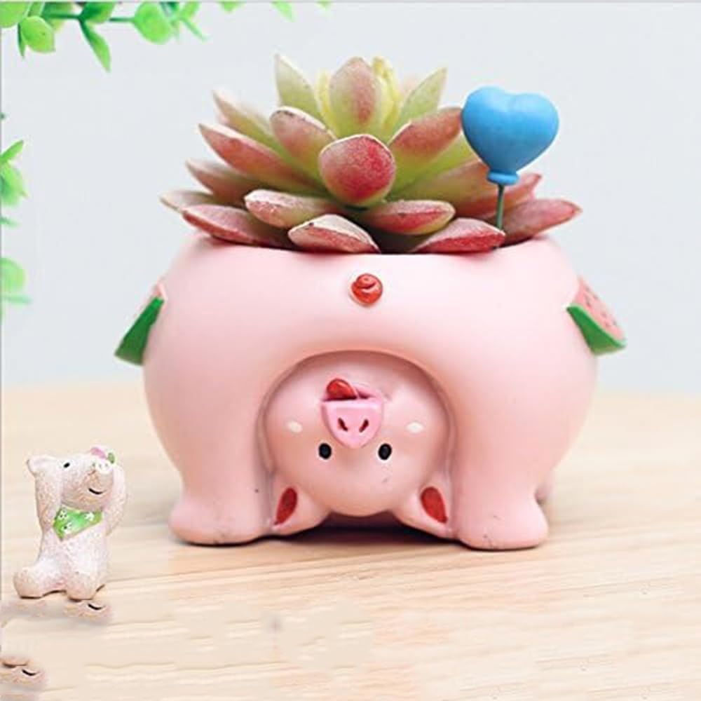 Adorable Succulent Planter Pig Flower Pot with Drainage Hole - Pencil Brush Holder - Cute Resin Decorative Garden Planter for Indoor Plants, Home Decor Gift