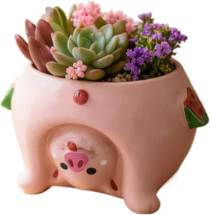 Adorable Succulent Planter Pig Flower Pot with Drainage Hole - Pencil Brush Holder - Cute Resin Decorative Garden Planter for Indoor Plants, Home Decor Gift