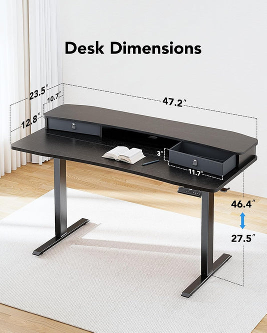 48″ x 24″ Electric Standing Desk with 2 Drawers, C-Clamp Mount Compatible, Height Adjustable Computer Desk, Home Office Stand Up Desk with 4 Preset Heights & 2 Hooks, Black