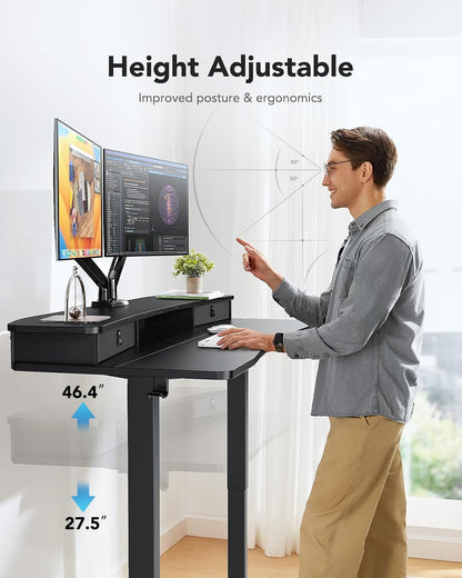 48″ x 24″ Electric Standing Desk with 2 Drawers, C-Clamp Mount Compatible, Height Adjustable Computer Desk, Home Office Stand Up Desk with 4 Preset Heights & 2 Hooks, Black