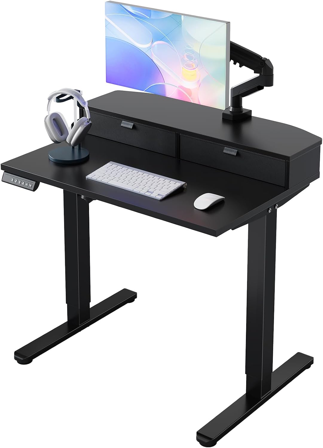 48″ x 24″ Electric Standing Desk with 2 Drawers, C-Clamp Mount Compatible, Height Adjustable Computer Desk, Home Office Stand Up Desk with 4 Preset Heights & 2 Hooks, Black