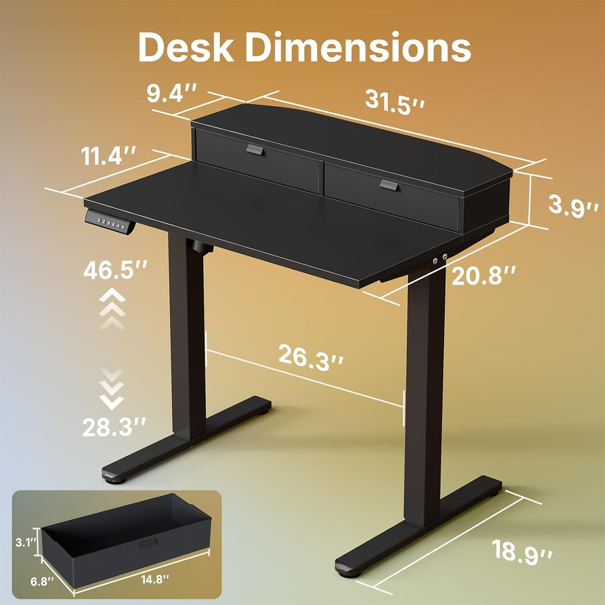 48″ x 24″ Electric Standing Desk with 2 Drawers, C-Clamp Mount Compatible, Height Adjustable Computer Desk, Home Office Stand Up Desk with 4 Preset Heights & 2 Hooks, Black