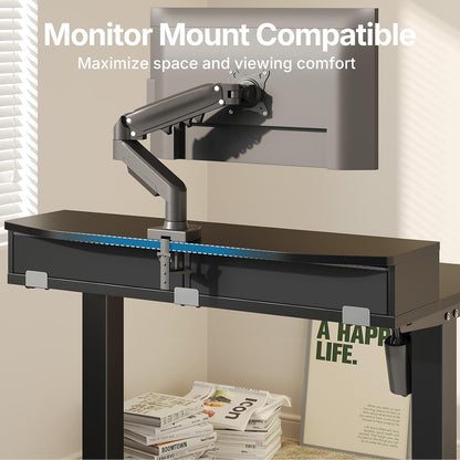 48″ x 24″ Electric Standing Desk with 2 Drawers, C-Clamp Mount Compatible, Height Adjustable Computer Desk, Home Office Stand Up Desk with 4 Preset Heights & 2 Hooks, Black