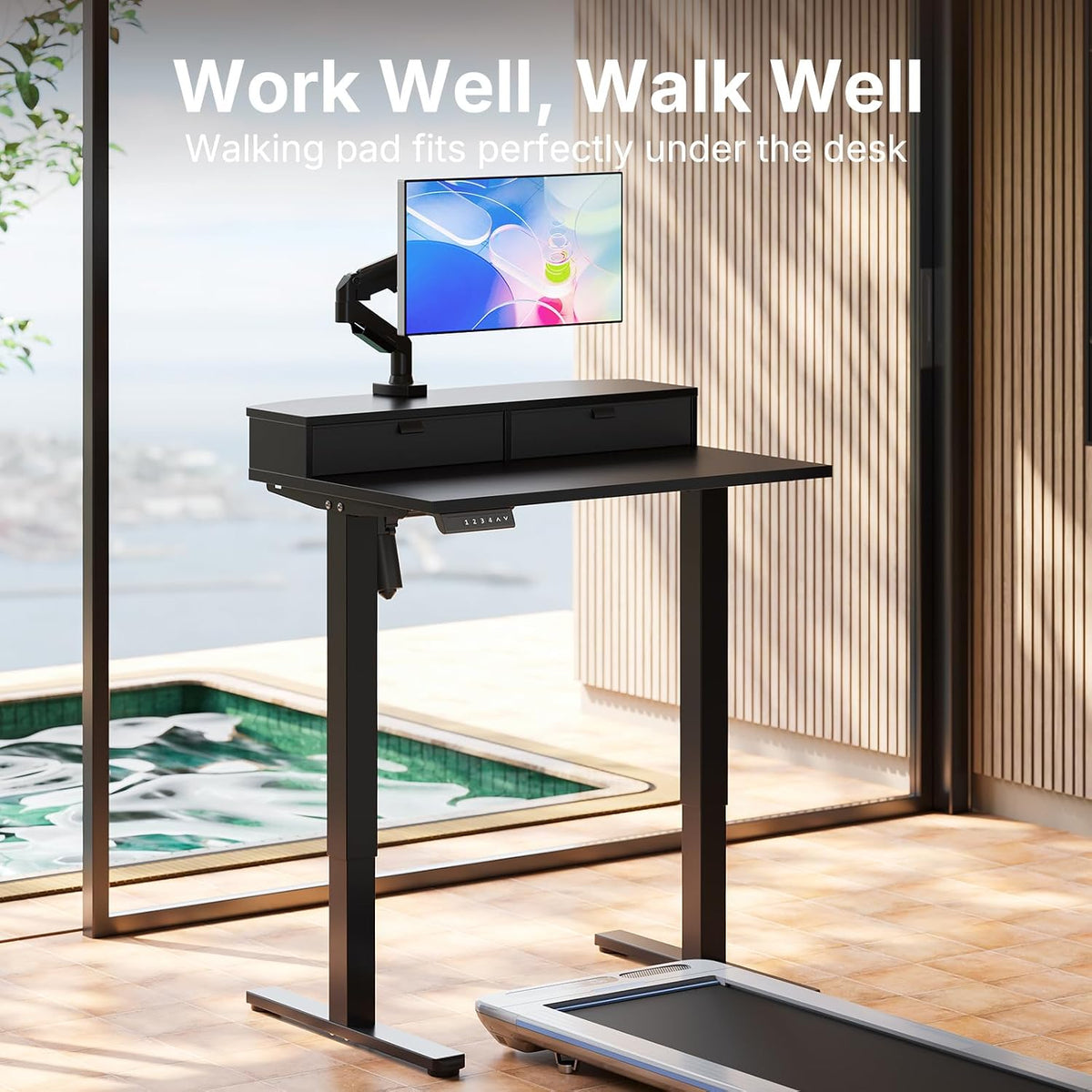 48″ x 24″ Electric Standing Desk with 2 Drawers, C-Clamp Mount Compatible, Height Adjustable Computer Desk, Home Office Stand Up Desk with 4 Preset Heights & 2 Hooks, Black