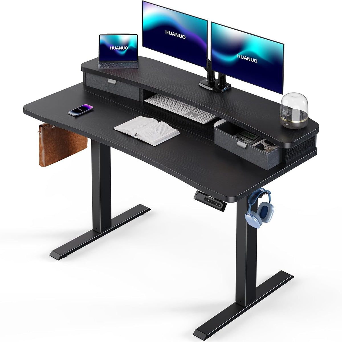 48″ x 24″ Electric Standing Desk with 2 Drawers, C-Clamp Mount Compatible, Height Adjustable Computer Desk, Home Office Stand Up Desk with 4 Preset Heights & 2 Hooks, Black