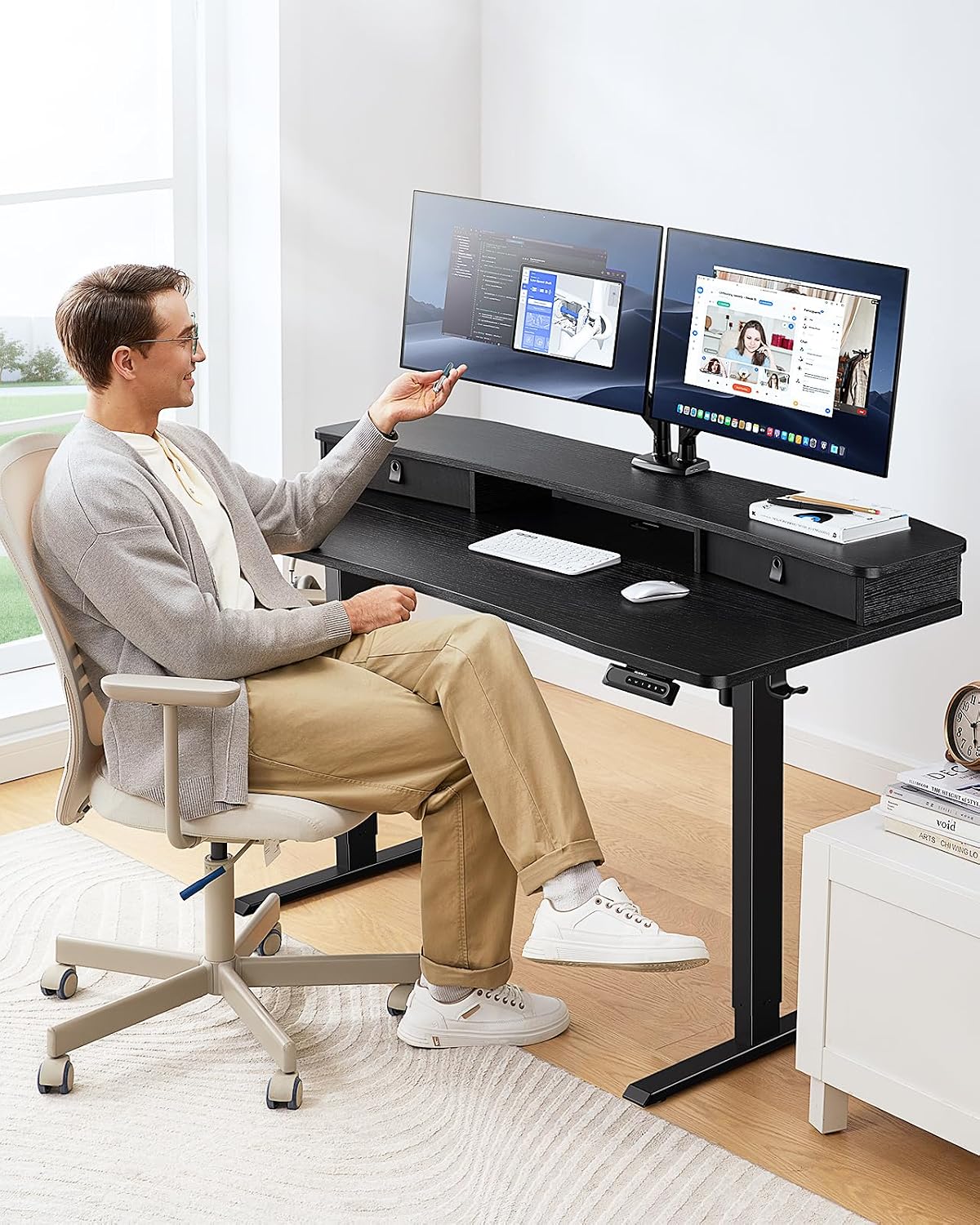 48″ x 24″ Electric Standing Desk with 2 Drawers, C-Clamp Mount Compatible, Height Adjustable Computer Desk, Home Office Stand Up Desk with 4 Preset Heights & 2 Hooks, Black