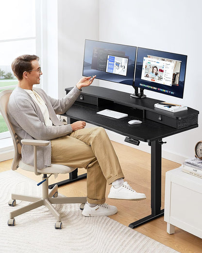 48″ x 24″ Electric Standing Desk with 2 Drawers, C-Clamp Mount Compatible, Height Adjustable Computer Desk, Home Office Stand Up Desk with 4 Preset Heights & 2 Hooks, Black