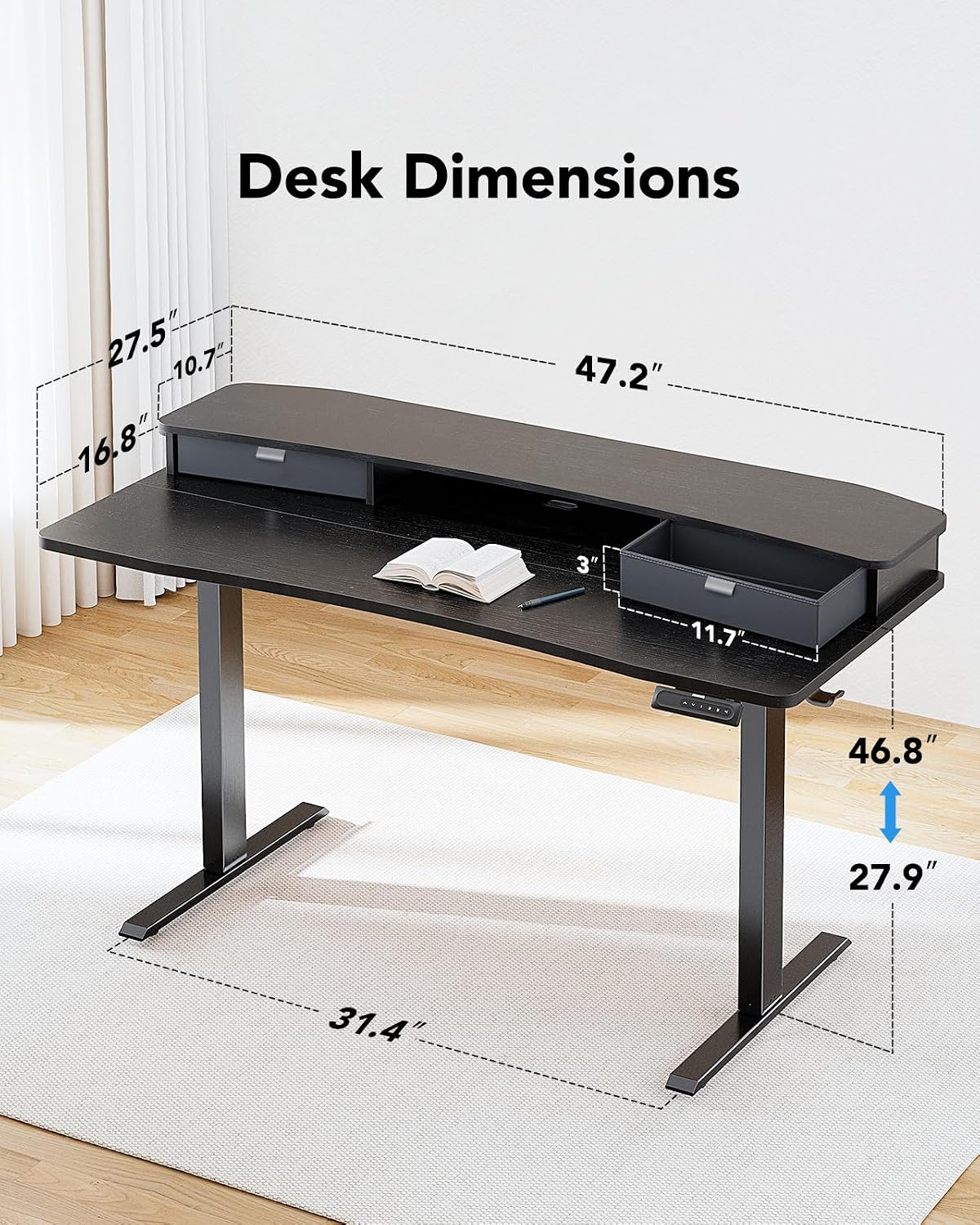48″ x 24″ Electric Standing Desk with 2 Drawers, C-Clamp Mount Compatible, Height Adjustable Computer Desk, Home Office Stand Up Desk with 4 Preset Heights & 2 Hooks, Black