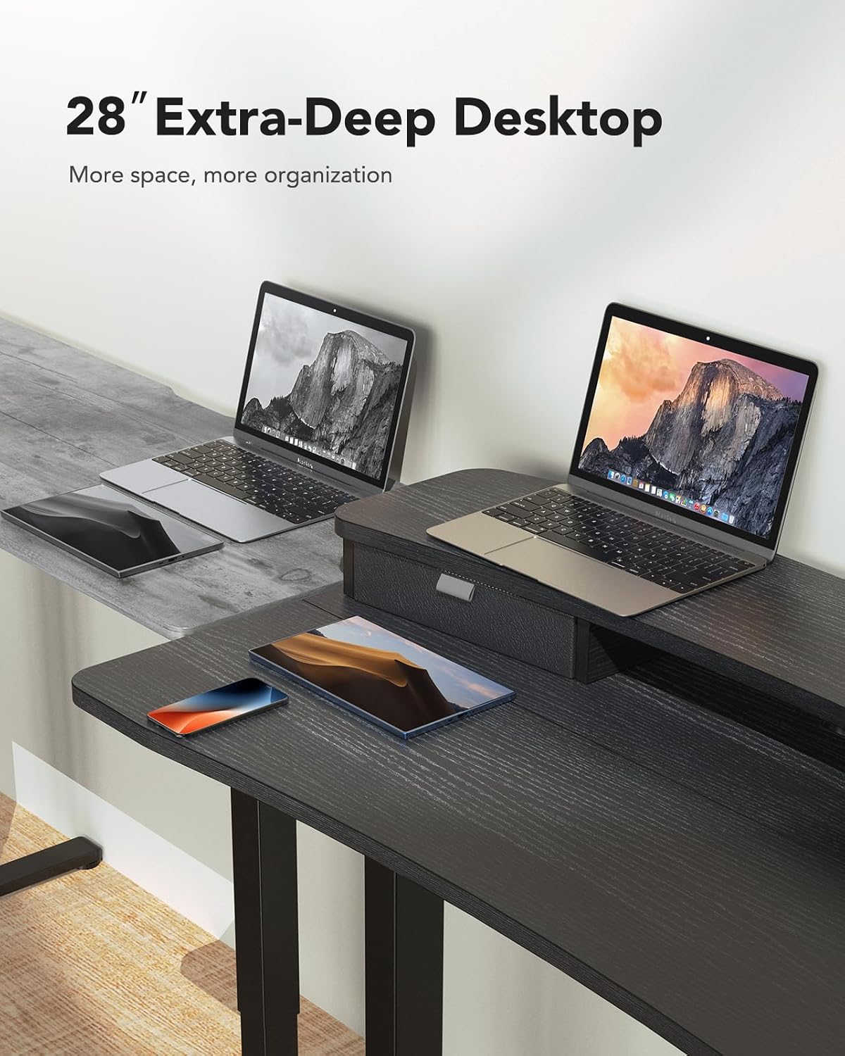 48″ x 24″ Electric Standing Desk with 2 Drawers, C-Clamp Mount Compatible, Height Adjustable Computer Desk, Home Office Stand Up Desk with 4 Preset Heights & 2 Hooks, Black