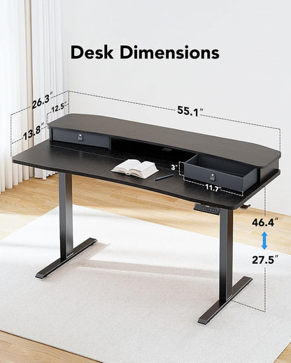 48″ x 24″ Electric Standing Desk with 2 Drawers, C-Clamp Mount Compatible, Height Adjustable Computer Desk, Home Office Stand Up Desk with 4 Preset Heights & 2 Hooks, Black