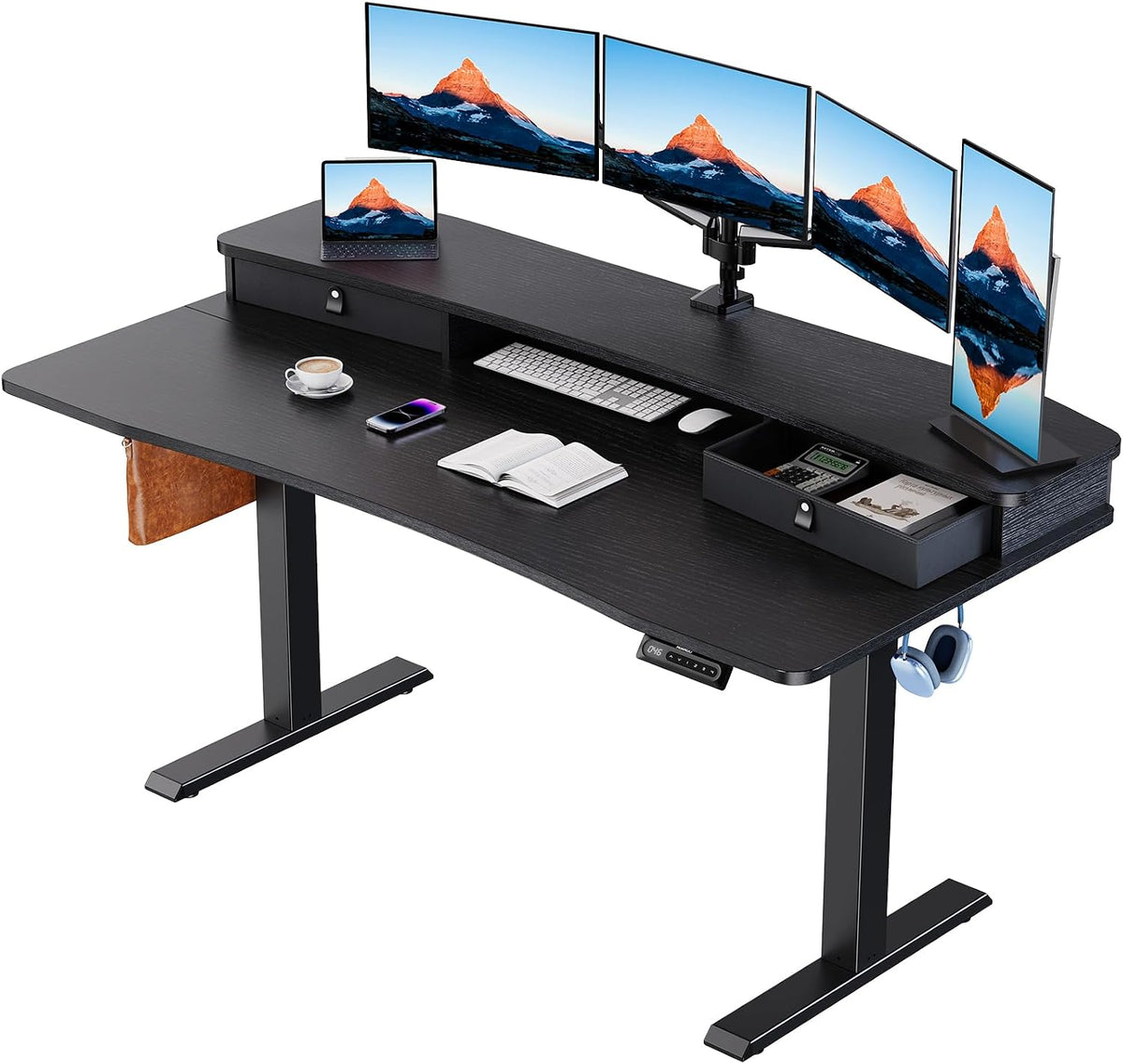 48″ x 24″ Electric Standing Desk with 2 Drawers, C-Clamp Mount Compatible, Height Adjustable Computer Desk, Home Office Stand Up Desk with 4 Preset Heights & 2 Hooks, Black