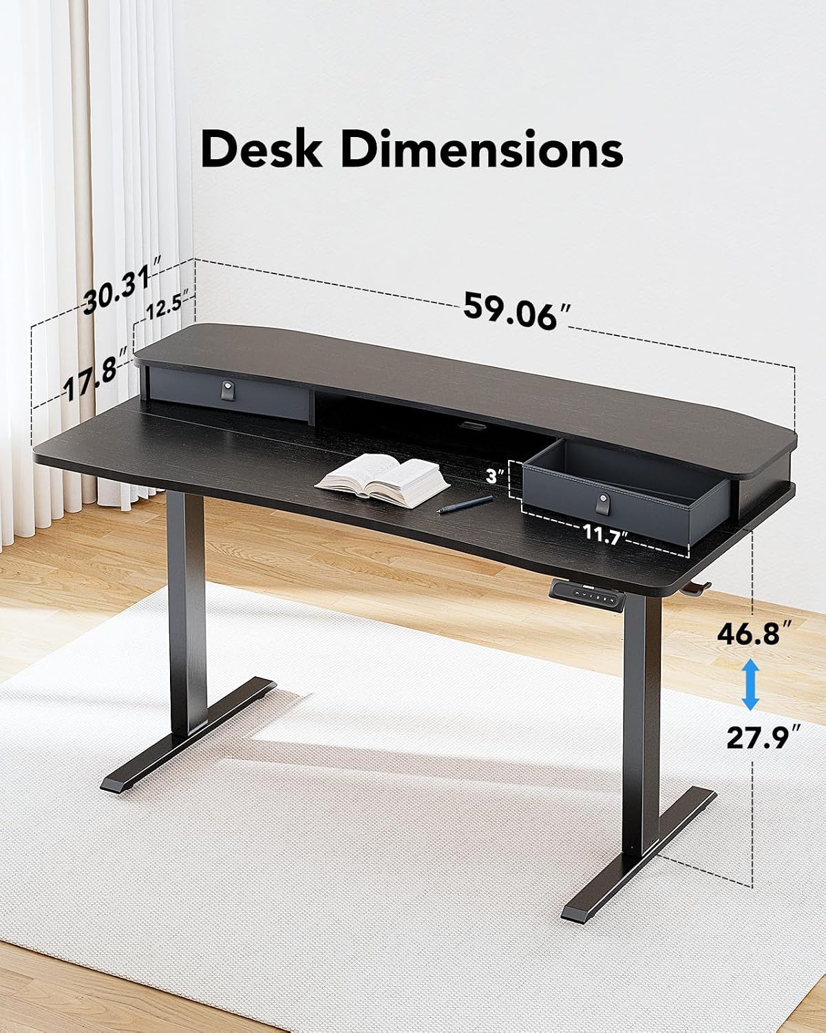48″ x 24″ Electric Standing Desk with 2 Drawers, C-Clamp Mount Compatible, Height Adjustable Computer Desk, Home Office Stand Up Desk with 4 Preset Heights & 2 Hooks, Black