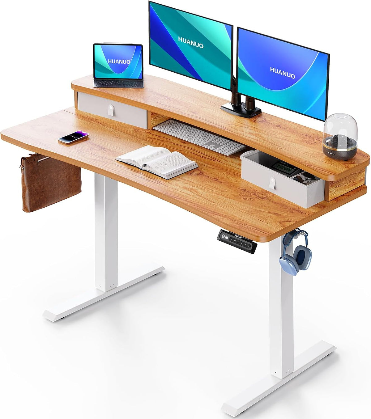 48″ x 24″ Electric Standing Desk with 2 Drawers, C-Clamp Mount Compatible, Height Adjustable Computer Desk, Home Office Stand Up Desk with 4 Preset Heights & 2 Hooks, Black