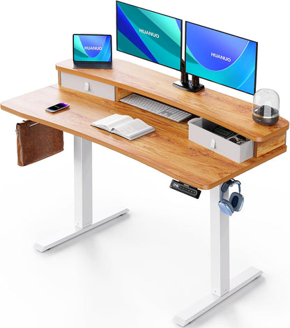 48″ x 24″ Electric Standing Desk with 2 Drawers, C-Clamp Mount Compatible, Height Adjustable Computer Desk, Home Office Stand Up Desk with 4 Preset Heights & 2 Hooks, Black