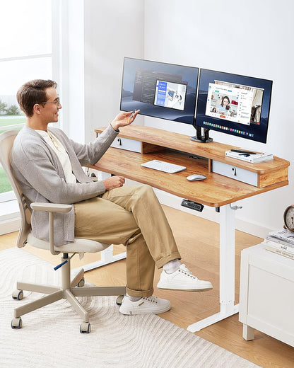 48″ x 24″ Electric Standing Desk with 2 Drawers, C-Clamp Mount Compatible, Height Adjustable Computer Desk, Home Office Stand Up Desk with 4 Preset Heights & 2 Hooks, Black