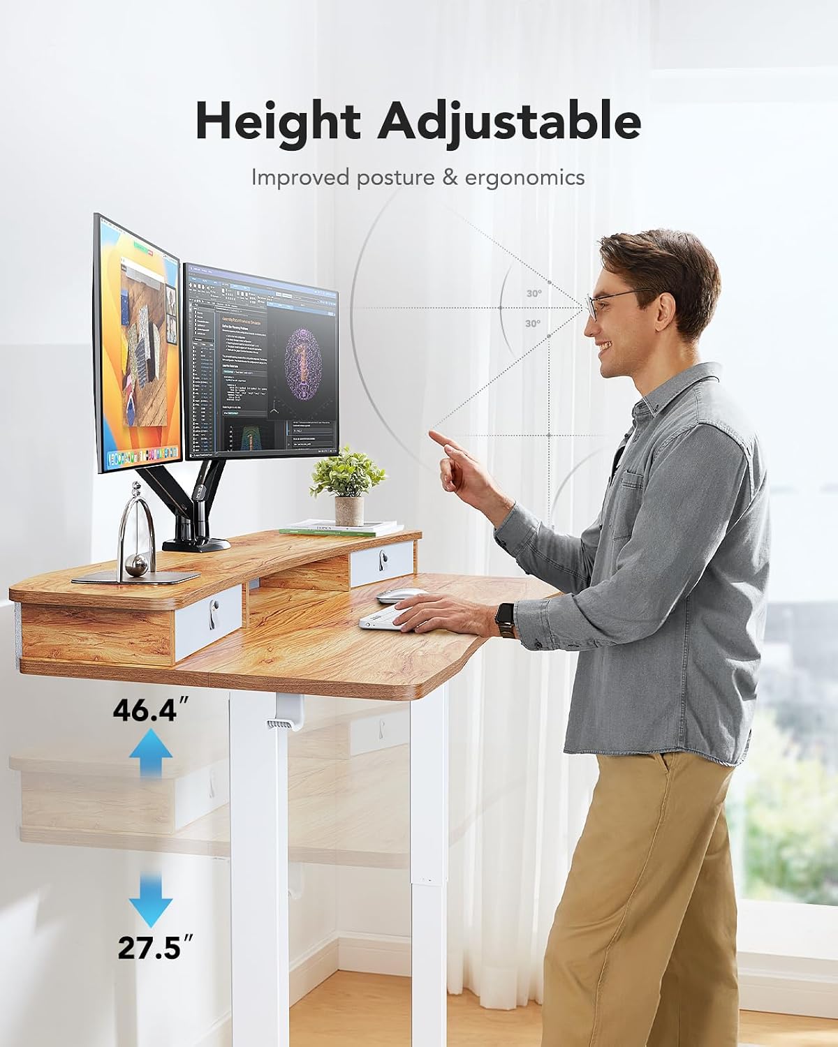 48″ x 24″ Electric Standing Desk with 2 Drawers, C-Clamp Mount Compatible, Height Adjustable Computer Desk, Home Office Stand Up Desk with 4 Preset Heights & 2 Hooks, Black