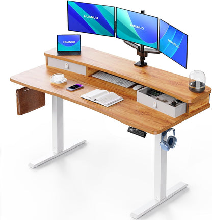 48″ x 24″ Electric Standing Desk with 2 Drawers, C-Clamp Mount Compatible, Height Adjustable Computer Desk, Home Office Stand Up Desk with 4 Preset Heights & 2 Hooks, Black
