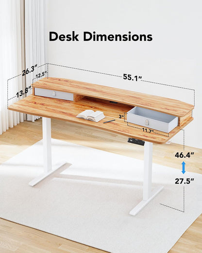48″ x 24″ Electric Standing Desk with 2 Drawers, C-Clamp Mount Compatible, Height Adjustable Computer Desk, Home Office Stand Up Desk with 4 Preset Heights & 2 Hooks, Black