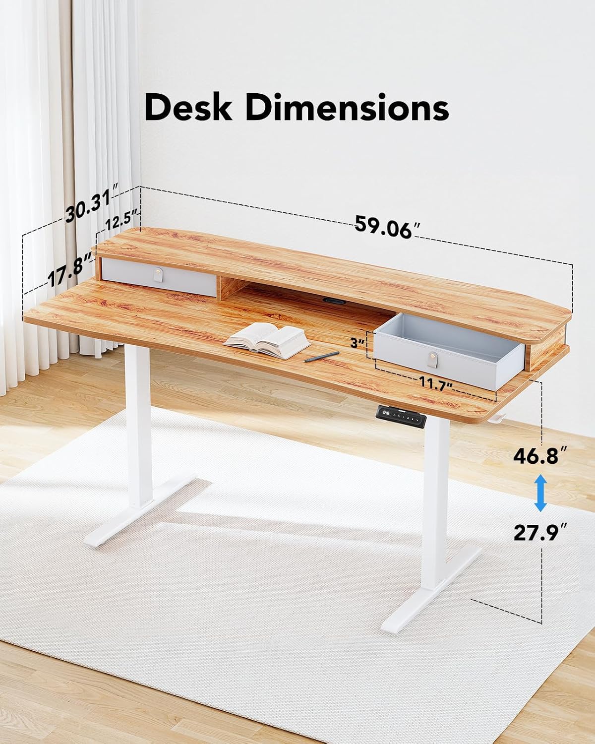 48″ x 24″ Electric Standing Desk with 2 Drawers, C-Clamp Mount Compatible, Height Adjustable Computer Desk, Home Office Stand Up Desk with 4 Preset Heights & 2 Hooks, Black