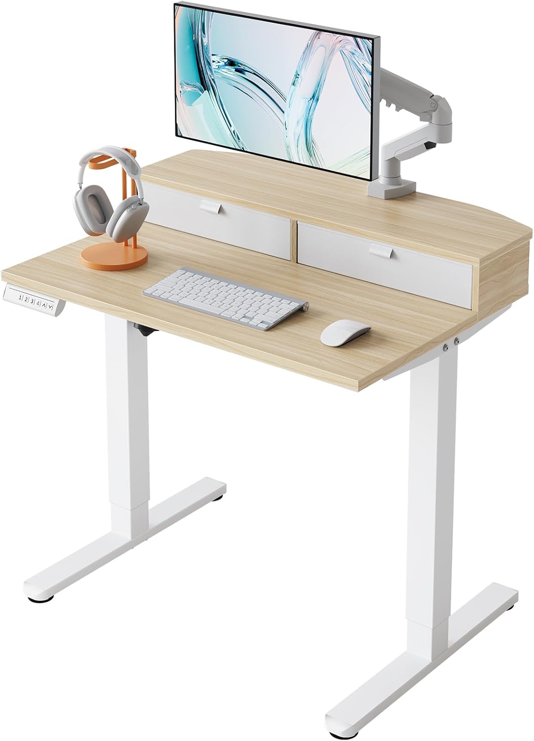 48″ x 24″ Electric Standing Desk with 2 Drawers, C-Clamp Mount Compatible, Height Adjustable Computer Desk, Home Office Stand Up Desk with 4 Preset Heights & 2 Hooks, Black