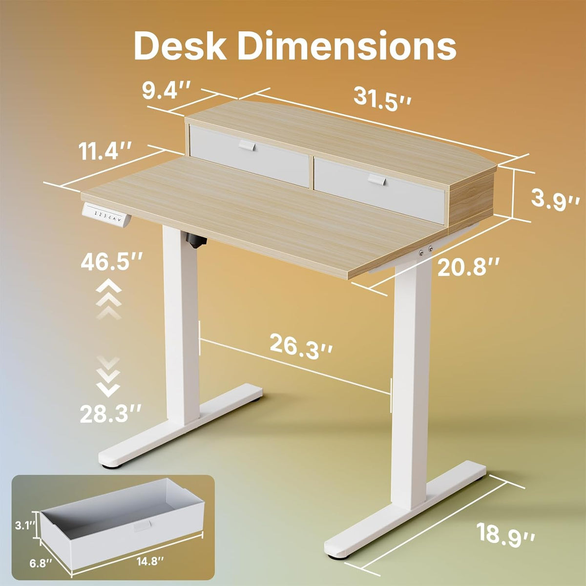 48″ x 24″ Electric Standing Desk with 2 Drawers, C-Clamp Mount Compatible, Height Adjustable Computer Desk, Home Office Stand Up Desk with 4 Preset Heights & 2 Hooks, Black