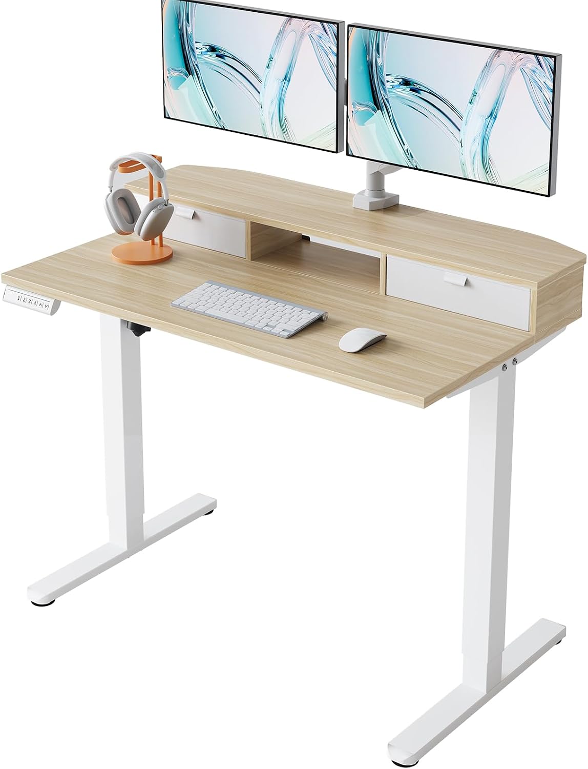 48″ x 24″ Electric Standing Desk with 2 Drawers, C-Clamp Mount Compatible, Height Adjustable Computer Desk, Home Office Stand Up Desk with 4 Preset Heights & 2 Hooks, Black