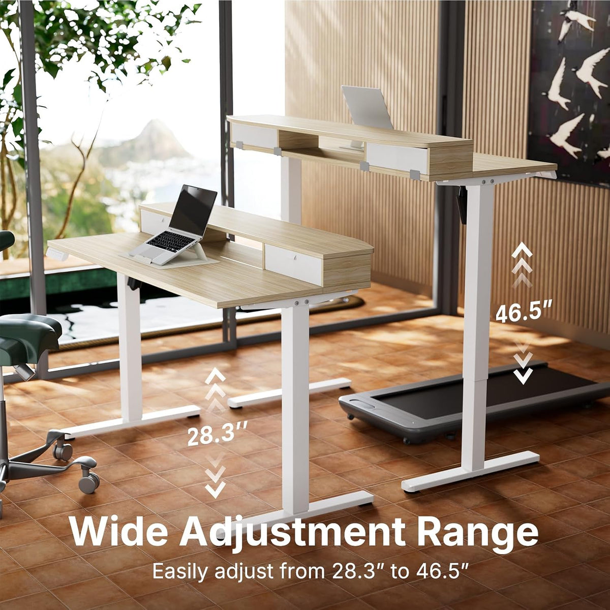 48″ x 24″ Electric Standing Desk with 2 Drawers, C-Clamp Mount Compatible, Height Adjustable Computer Desk, Home Office Stand Up Desk with 4 Preset Heights & 2 Hooks, Black