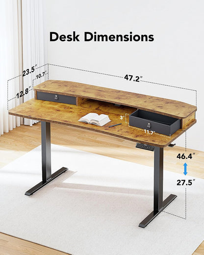 48″ x 24″ Electric Standing Desk with 2 Drawers, C-Clamp Mount Compatible, Height Adjustable Computer Desk, Home Office Stand Up Desk with 4 Preset Heights & 2 Hooks, Black