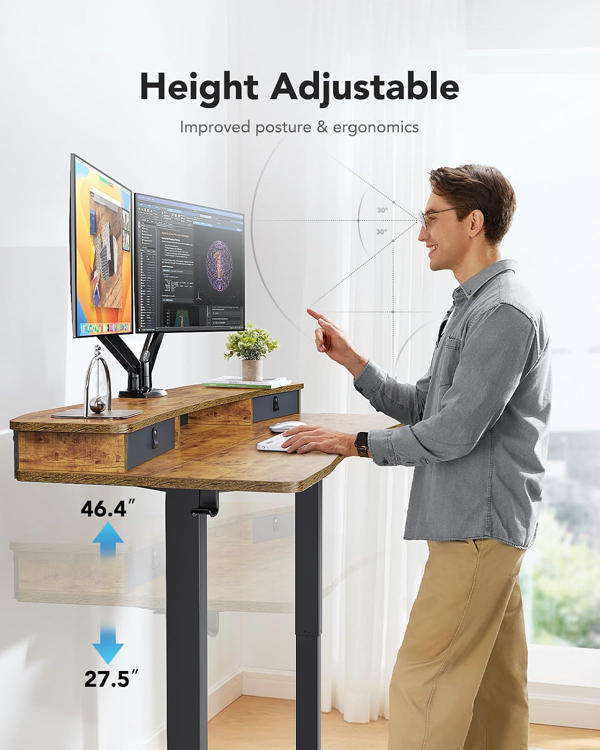 48″ x 24″ Electric Standing Desk with 2 Drawers, C-Clamp Mount Compatible, Height Adjustable Computer Desk, Home Office Stand Up Desk with 4 Preset Heights & 2 Hooks, Black