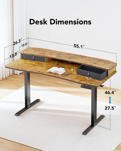 48″ x 24″ Electric Standing Desk with 2 Drawers, C-Clamp Mount Compatible, Height Adjustable Computer Desk, Home Office Stand Up Desk with 4 Preset Heights & 2 Hooks, Black