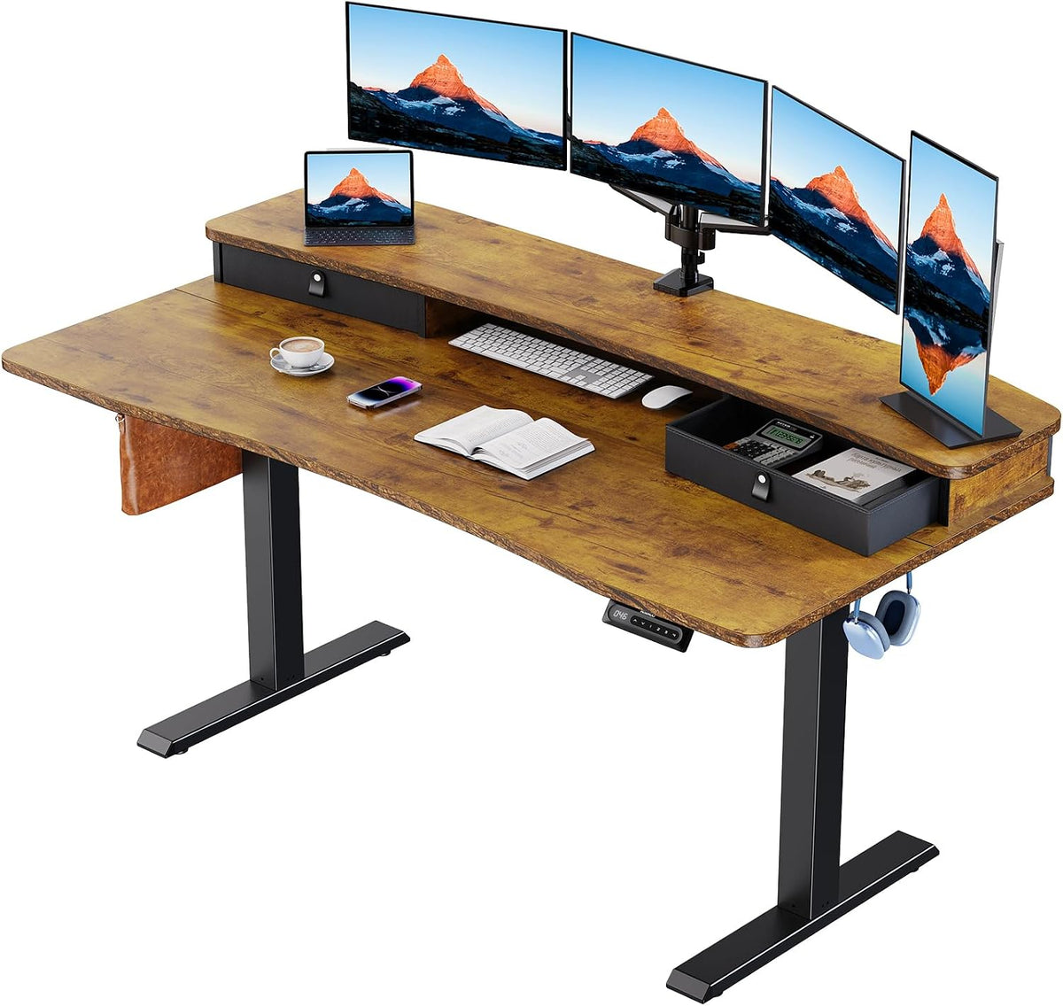 48″ x 24″ Electric Standing Desk with 2 Drawers, C-Clamp Mount Compatible, Height Adjustable Computer Desk, Home Office Stand Up Desk with 4 Preset Heights & 2 Hooks, Black