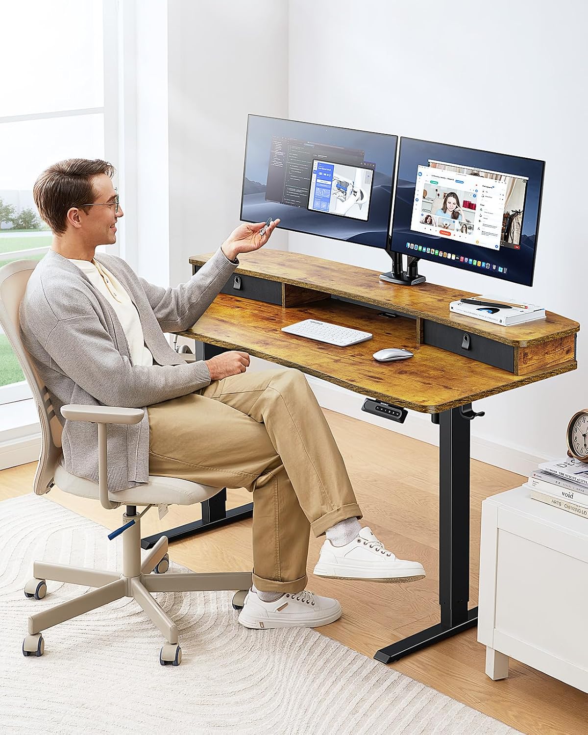 48″ x 24″ Electric Standing Desk with 2 Drawers, C-Clamp Mount Compatible, Height Adjustable Computer Desk, Home Office Stand Up Desk with 4 Preset Heights & 2 Hooks, Black